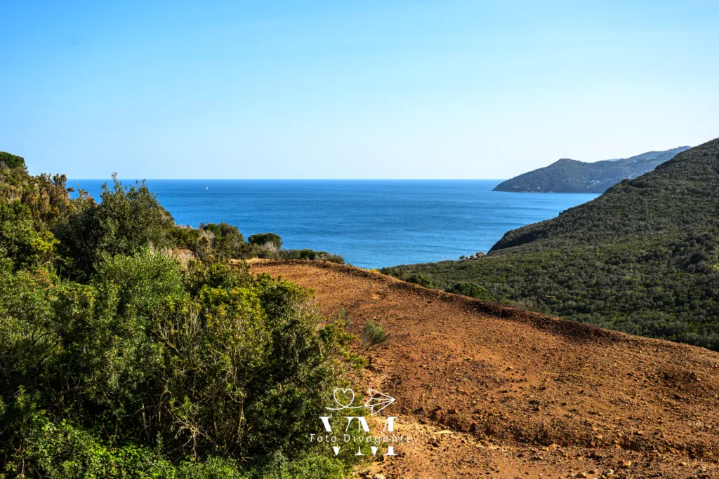 Sentiero di terra con arbusti verdi e vista sul mare e colline sotto cielo azzurro.