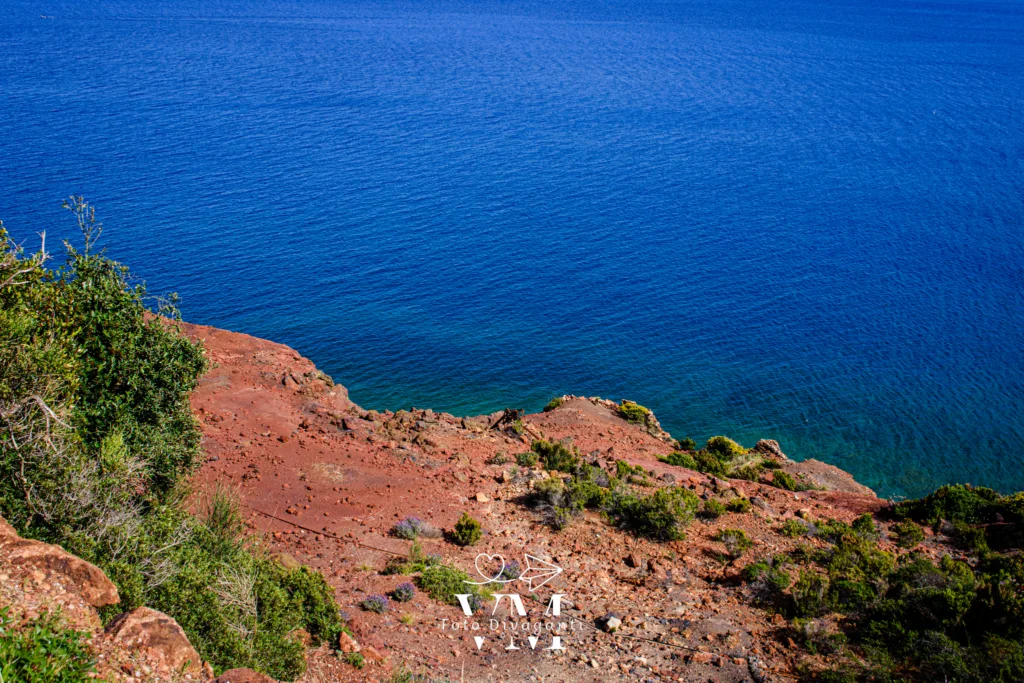 Costa rocciosa con vegetazione e mare blu intenso vista dall'alto.
